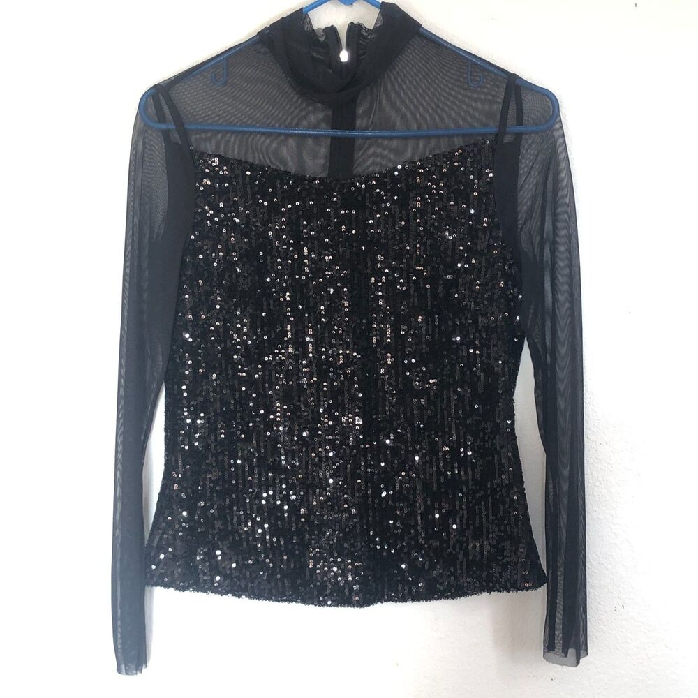 Marc Cain Glam Blouse Black Sequin Mesh Mock Neck Top Size N1 / US 4 Retail $350